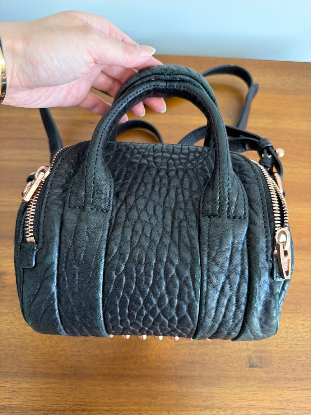 Alexander Wang Black Pebbled Leather Mini Duffel with Rose Gold Hardware